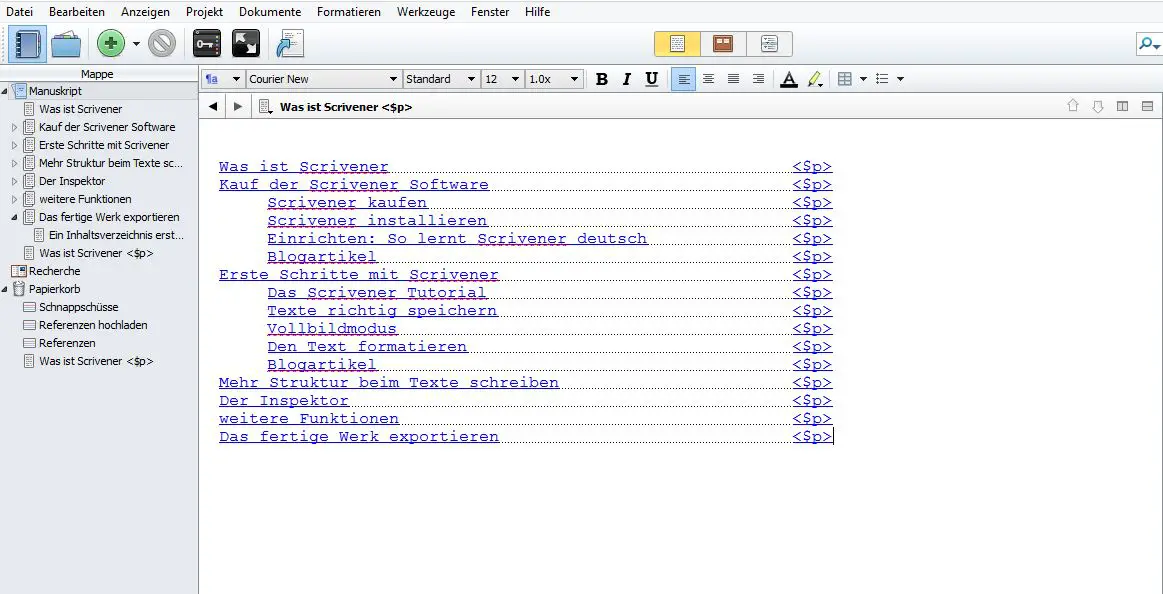 Scrivener: Ein Inhaltsverzeichnis erstellen - Liber Laetitia